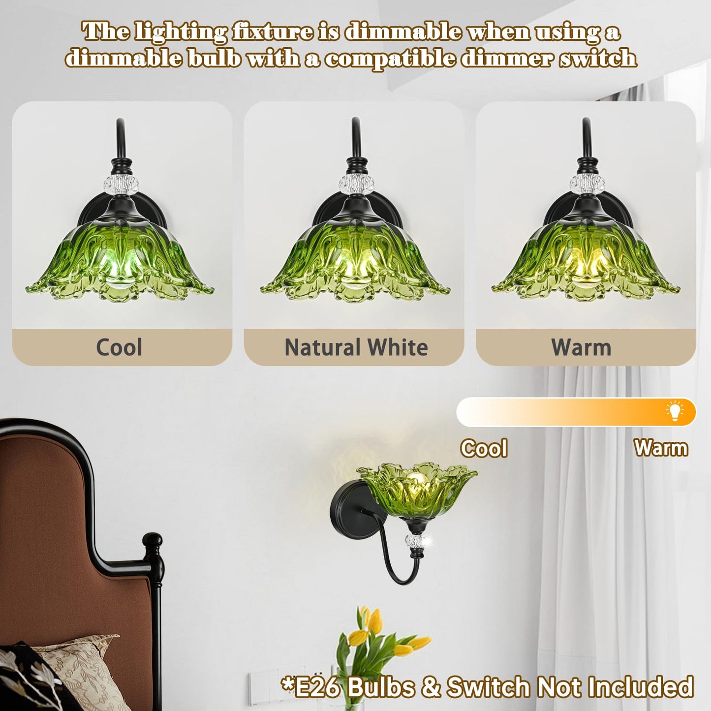Sunkryster 1 Piece Black Wall Sconce With Floral Green Glass Shade  Black Farmhouse Wall Mount Lighting For Bathroom Vintage Bathroom Vanity Light Fixture