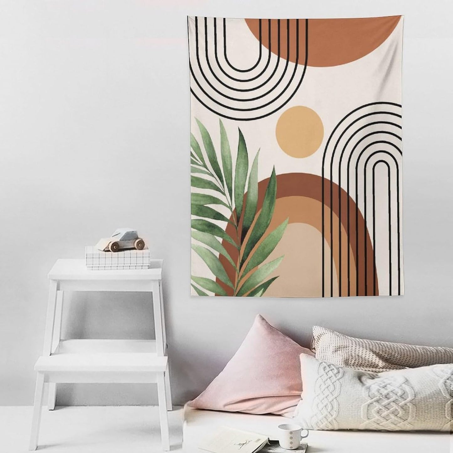 Abstract Bohemian Mid Century Tapestry, Tropical Leaves Modern Geometric Archway Minimalist Bohemian Botanical Aesthetic Wall Hanging, Sage Green Gold Home Decor Art for Bedroom 40x60 Inch