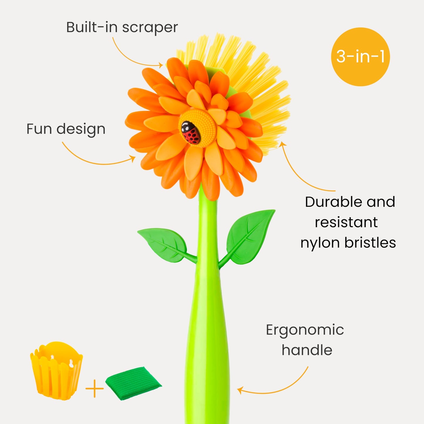 Vigar Flower Power 3-in-1 Kitchen Sink Caddy Set, Flower-Shaped Dish Brush, Sponge, Fence-shaped Holder and Suction Cup, Ideal Sink Organizer, Orange