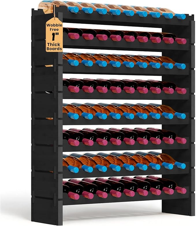 NutriChef 72 Bottle Wine Rack Stackable Bamboo Freestanding, 8-Tier Modular Shelf, Sturdy Wobble Free, Upgraded 2026 Design, Easy No-Tool Assembly for Kitchen, Cellar or Bar 33.5" x 10" x 41" (Black)