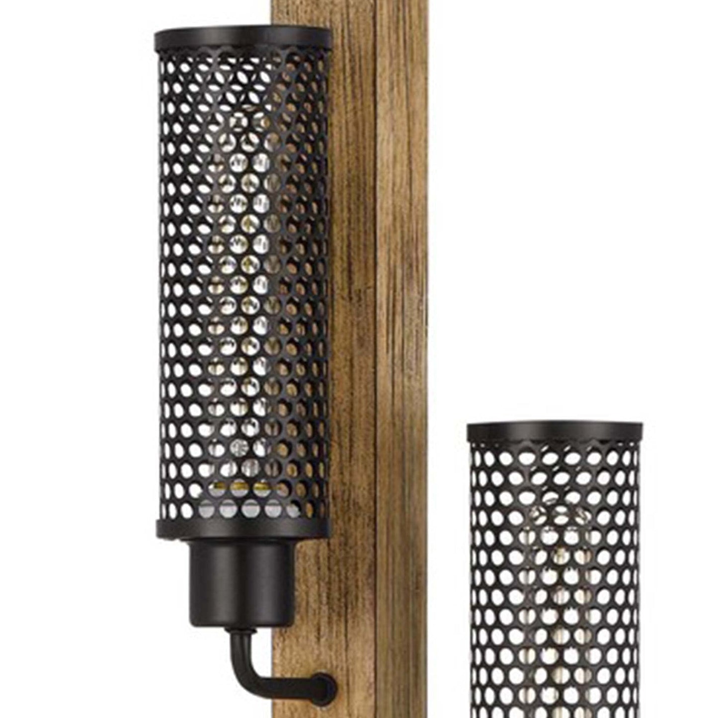 Benzara Wooden Floor Lamp with 3 Metal Mesh Shades, 61x11x23.54 inches, Brown and Black, Model BM241796