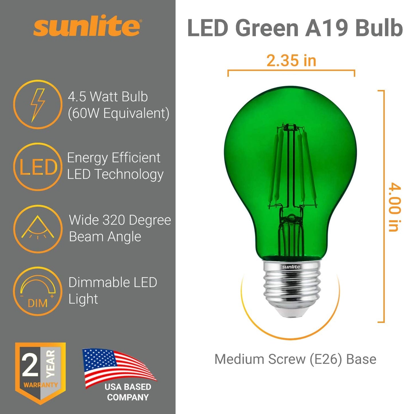 Sunlite LED Filament A19 Light Bulb, Dimmable, 60W Equivalent, 2 Count, Green, Glass, Model 81083