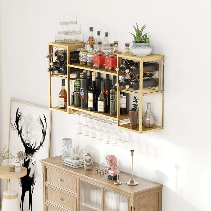 Wall Mounted Wine Rack, Multi Functional Bar Shelves for Liquor Bottles with Glass Holder, Modern Metal Bar Shelves Wall Mounted for Home Bar, Kitchen (Gold, 47.3" L x 9.9" W x 23.6" H)