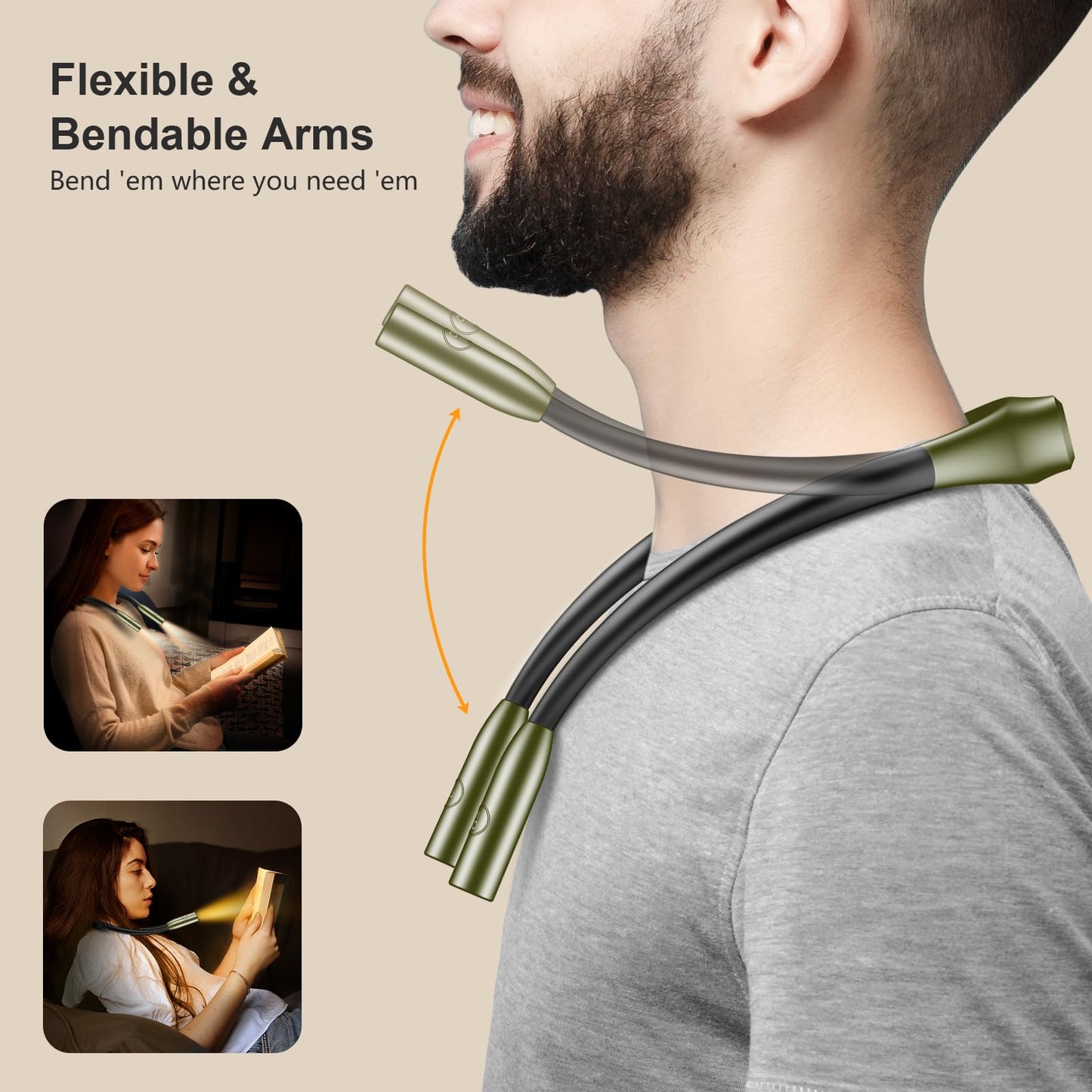 Gritin LED Neck Reading Light, Dimmable, 80+ Hrs Runtime, Silicone, Deep Green, Model G1337