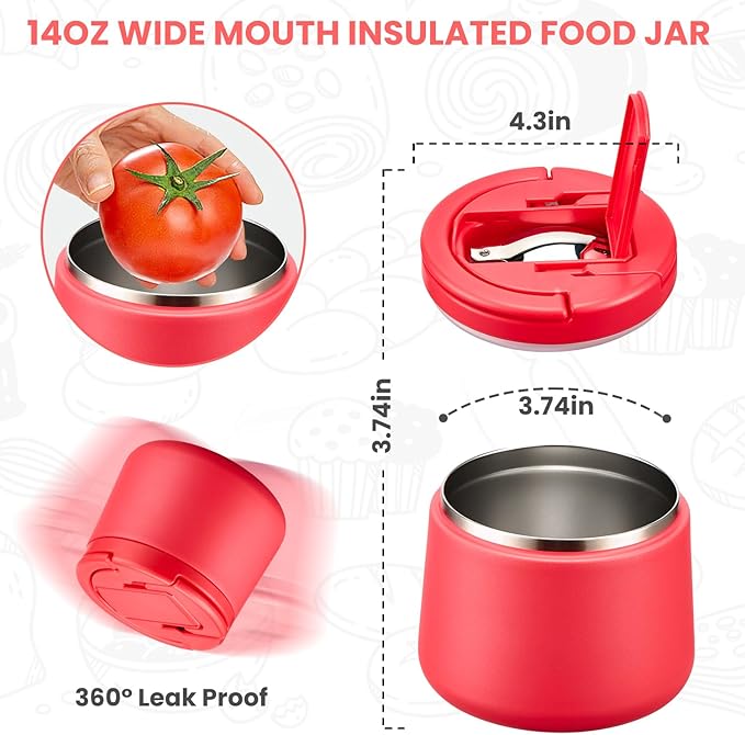 Kids Thermo for Hot Food, 14oz Insulated Soup Jar, Stainless Steel Lunch Box with Leakproof Lid & Spoon, Vacuum Insulated Bento Container (Red)