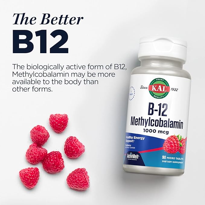 KAL Vitamin B12 Methylcobalamin 1000mcg, Healthy Energy, Metabolism, Nerve and Red Blood Cell Support, Fast Dissolve ActivMelt, High Absorption, Vegetarian, Natural Raspberry, 120 Serv, 120 Micro Tabs