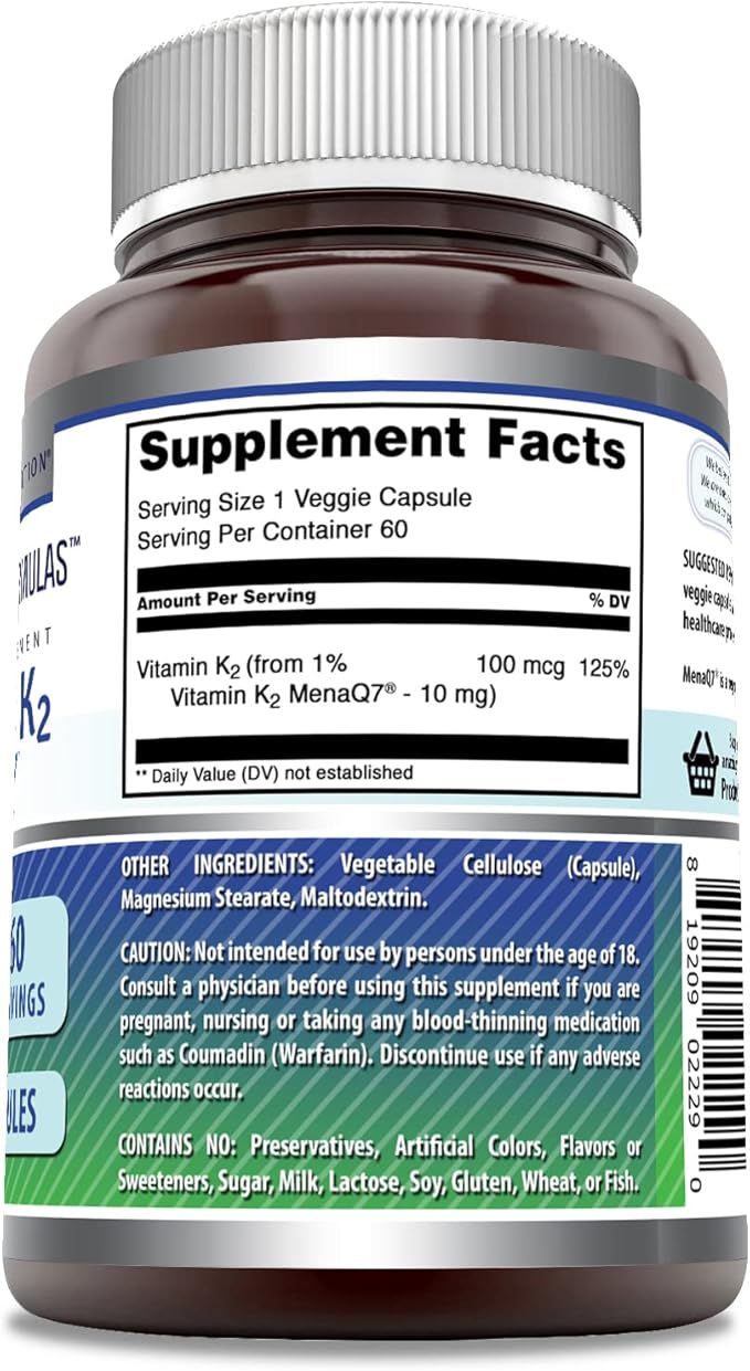 Amazing Formulas Vitamin K2 Menaq7 MK7 Supplement | 100 Mcg | Veggie Capsules | Non-GMO | Gluten Free | Made in USA (1 Pack, 60 Count)