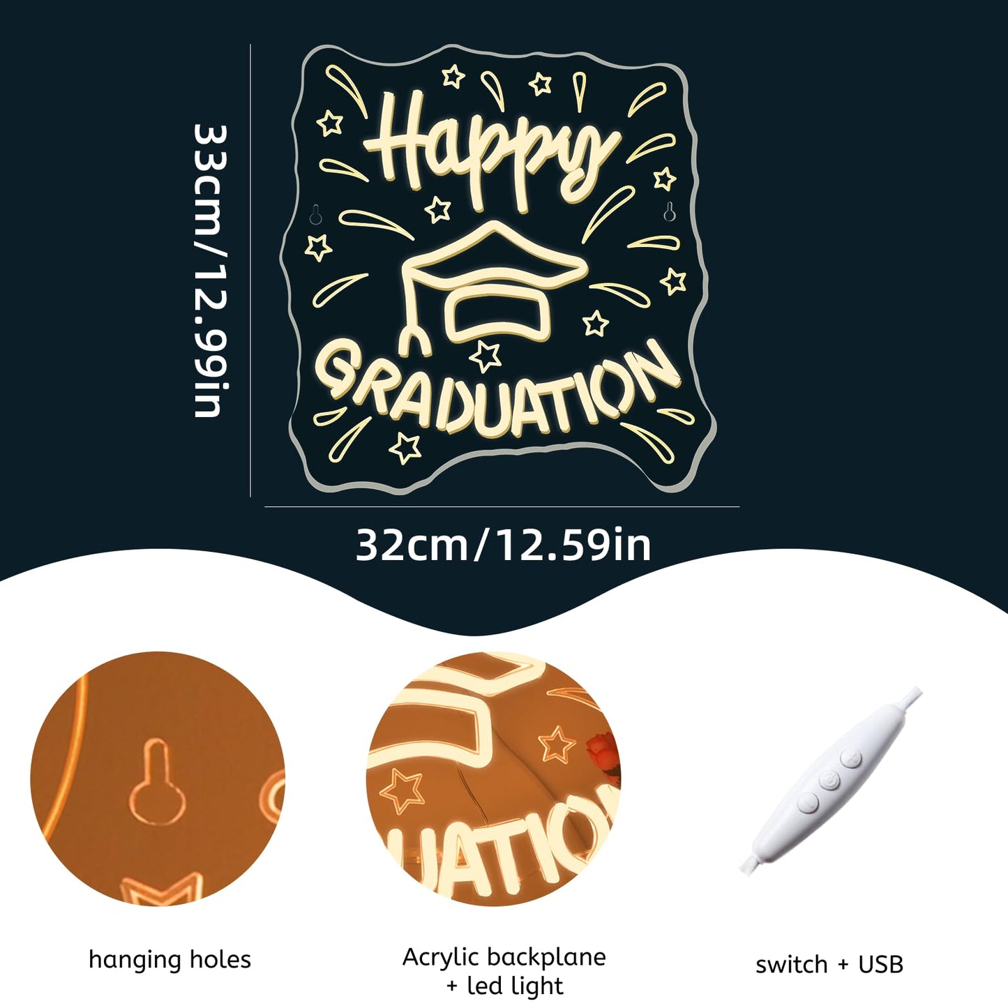 Wlhope Happy Graduation Neon Sign Led Signs For Graduation Ceremony Wall Decor  Neon Lights Transparent Acrylic Board Sign For Classroom Dorm School Bedroom Decoration Gifts For Teens