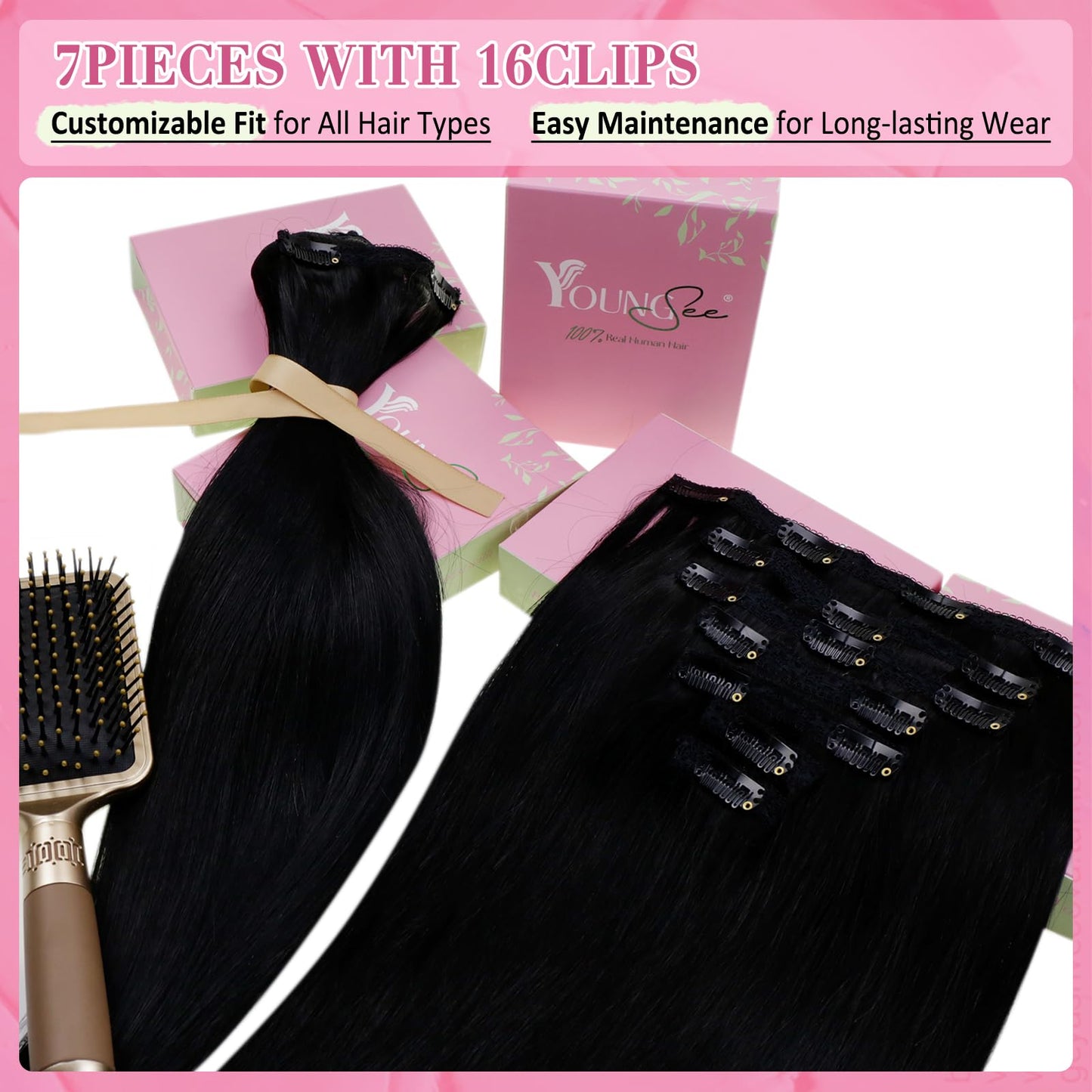 YoungSee Clip in Extensions for Women Black Invisible Clip in Hair Extensions Human Hair Black Soft and Silky Hair Extensions Hu