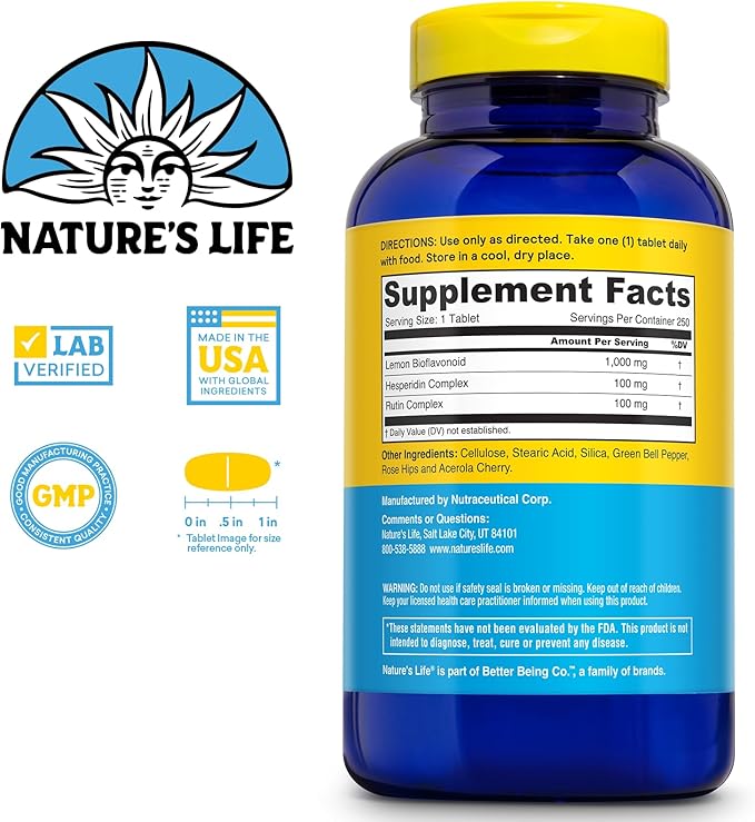 Nature's Life Bioflavonoids 1000mg per Serving | 250 Capsules | More Than 4 Months Supply | Lemon Bioflavonoid Complex, Hesperidin & Rutin | Antioxidant for Healthy Capillaries & VIT C Absorption