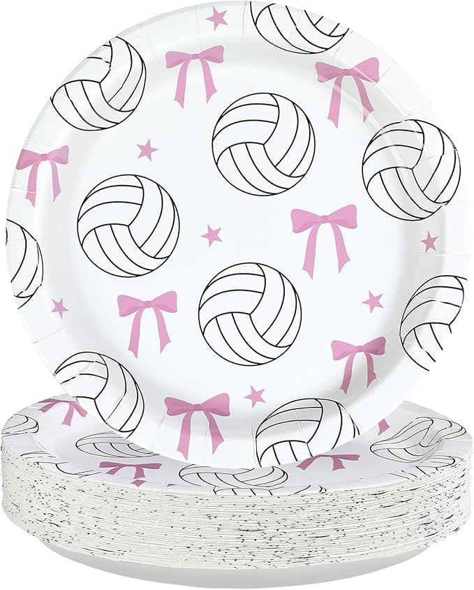 Greencian 50pcs Volleyball Party Decorations 9" Pink Bow Volleyball Birthday Paper Plates Sports Disposable Plates for Gir...