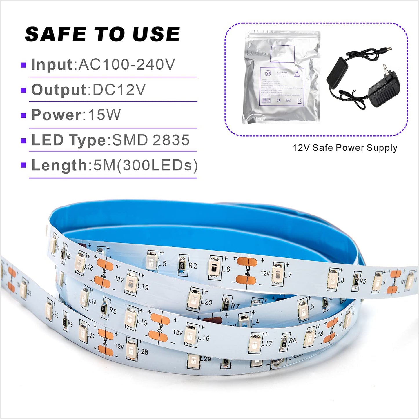 KAPATA UV Black Light LED Strip, 5M (16.4ft), Flexible Vinyl Fixtures for Parties & Events, Glow in The Dark, 12V