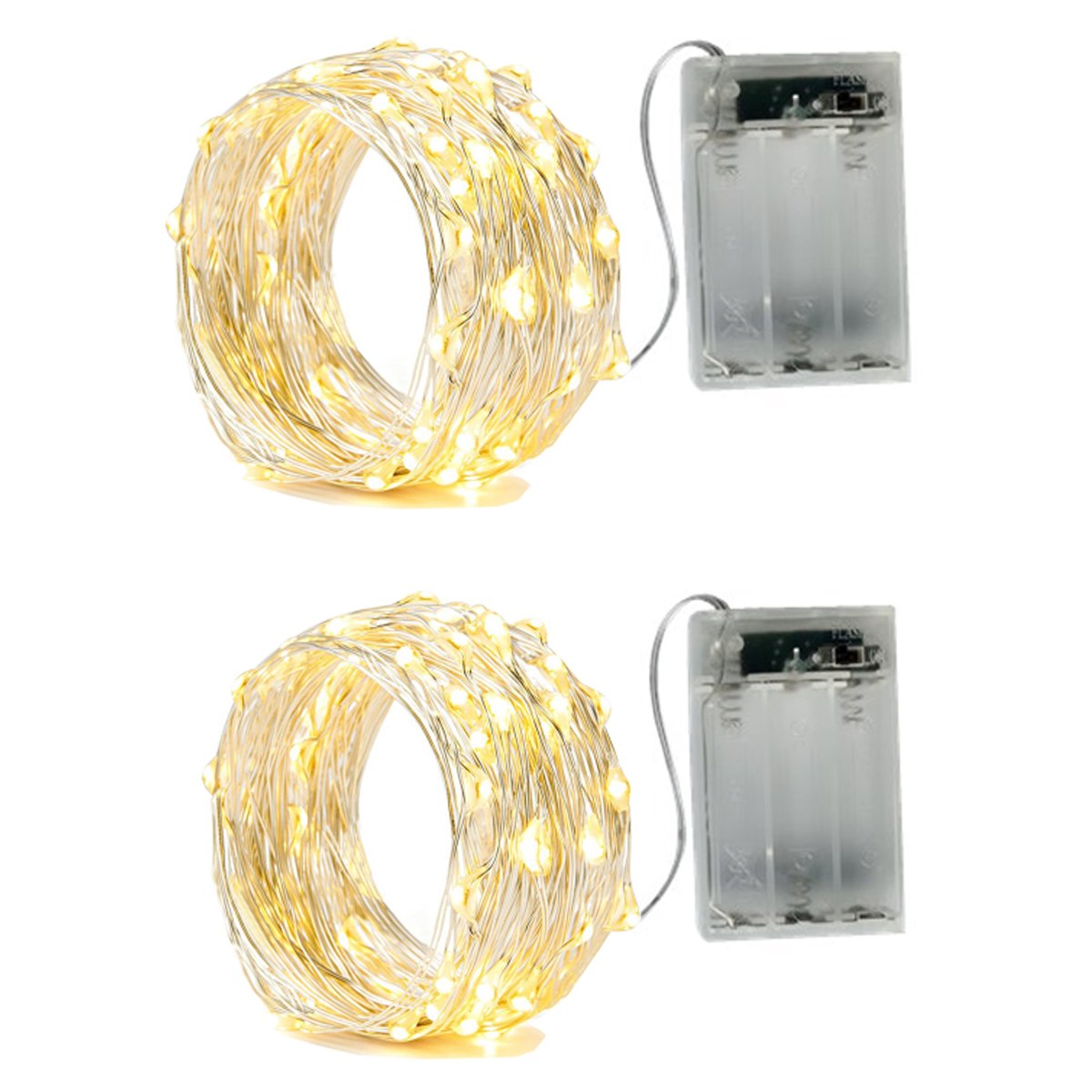 BXROIU 2 x 50LEDs Fairy Lights, Battery Operated, Silver Wire, Warm White, 16.4 ft, 2 Modes for Bedroom & Christmas Decoration