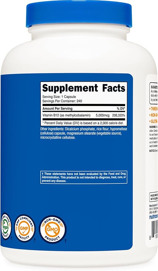 Nutricost Vitamin B12 (Methylcobalamin) 5000mcg, 240 Capsules - Vegetarian Caps, Non-GMO, Gluten Free B12 Supplement