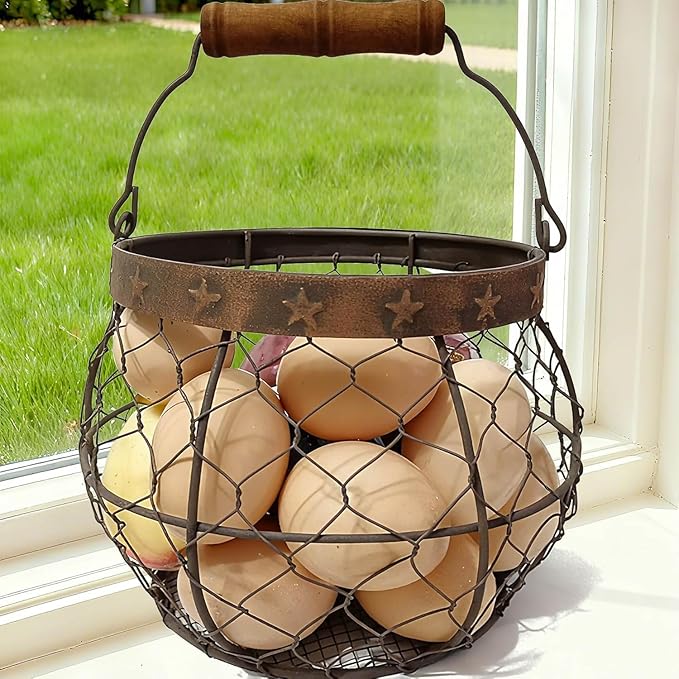 TAIANLE. Wire Egg Basket for Gathering Fresh Eggs with Handle, Metal Chicken Egg Collecting Basket for Coop, Rustic Farmhouse Kitchen Countertop Storage Basket Farmhouse Holder Organizer Easter