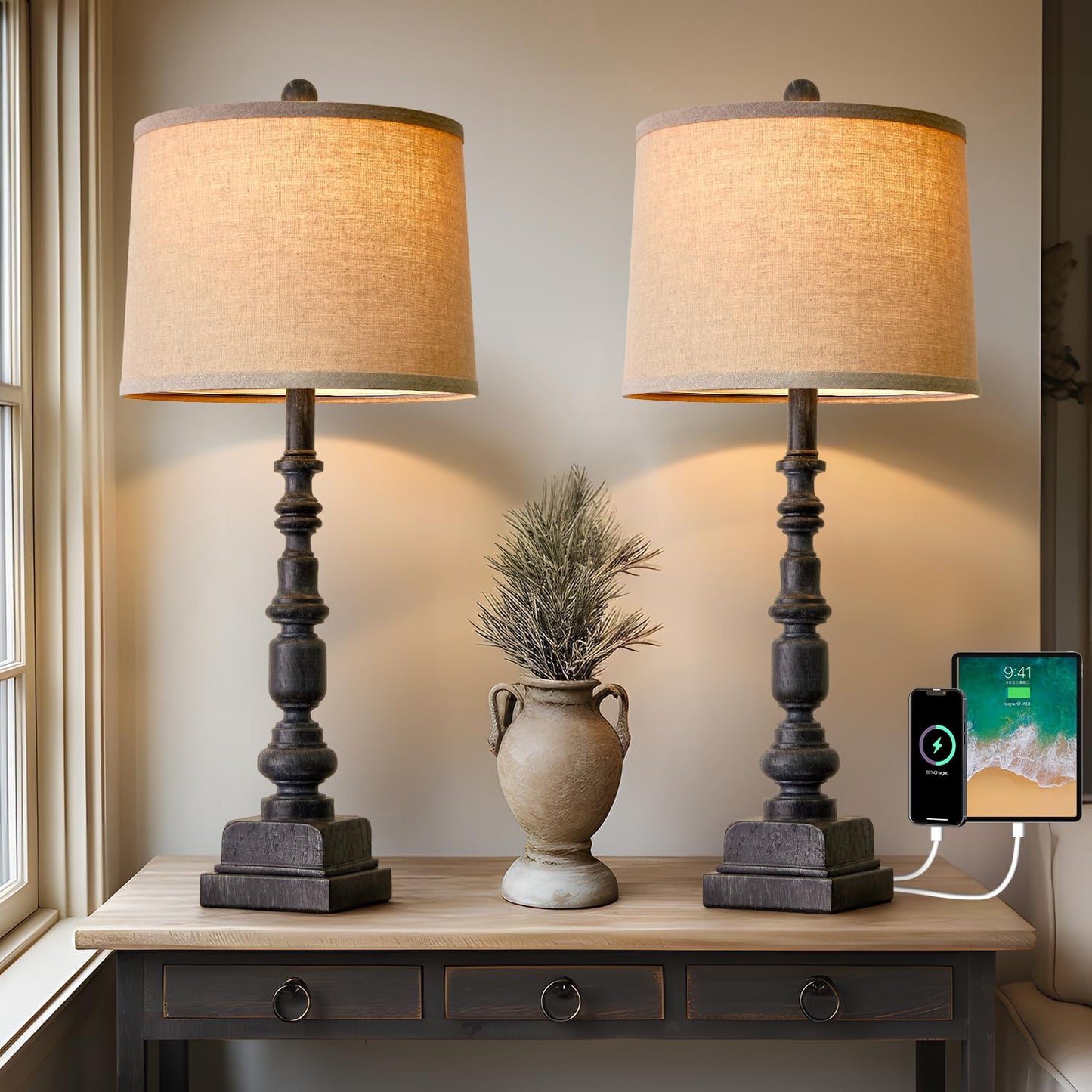 Oneach Vintage Farmhouse Usb Table Lamps Set Of 2, 27.75”, Antique Black Resin, Traditional Nightstand Lighting For Living Room & Bedroom