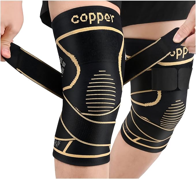 JHVW Copper Knee Brace for Women Men 2-Pack, Knee Compression Sleeve with Straps, Knee Braces for Knee Pain, Knee Support ...