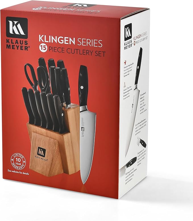 Klaus Meyer 15 Pieces Knife Block Set, High Carbon German Stainless Steel Forged Sharp Blade Knife Set With Block, Dishwasher Safe Cutlery