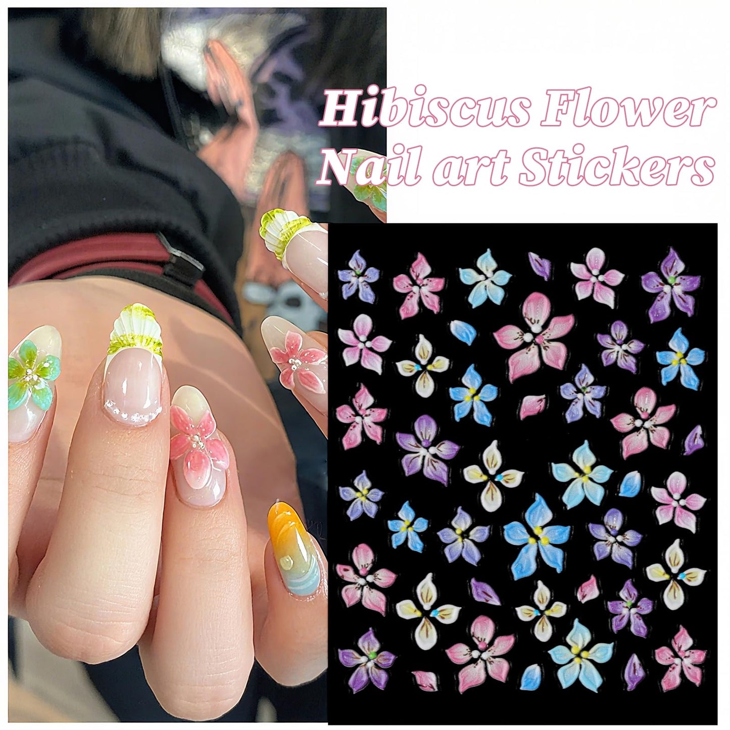 Hawaii Flower Nail Stickers 6 Sheets 5D Embossed Floral Nail Decals Pink Blue Hibiscus Nail Art Stickers for Women DIY Manicure
