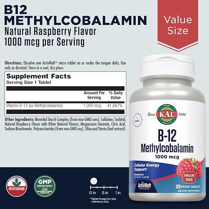 KAL Vitamin B12 Methylcobalamin 1000mcg, Healthy Energy, Metabolism, Nerve and Red Blood Cell Support, Fast Dissolve ActivMelt, High Absorption, Vegetarian, Natural Raspberry, 120 Serv, 120 Micro Tabs