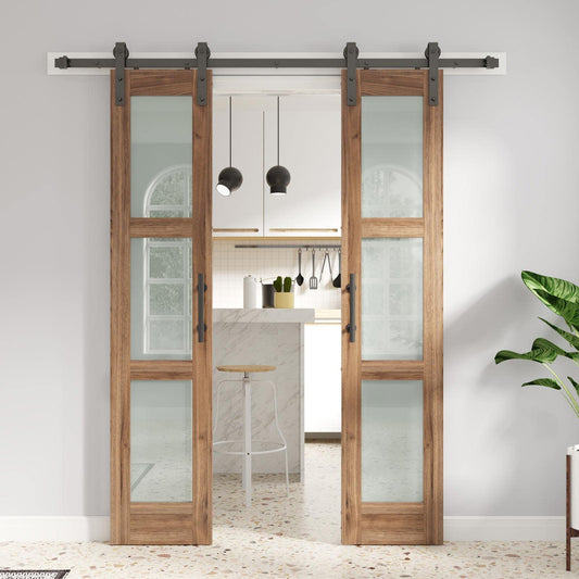 FREDBECK Double 18 x 84 inch Glass Barn Doors 36inch Barn Door with 6.6FT Hardware Kit & Handle Included,3-Panel Frosted Glass,LVL Wood Panel,Water-Proof PVC Surface,Pre-Drilled Holes,Need Assembly