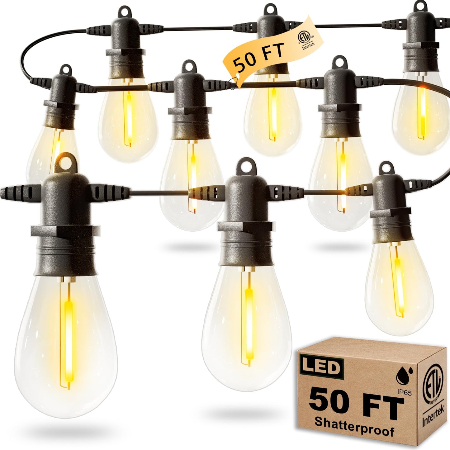 Jerritte LED Outdoor String Lights, 50FT, 15 Shatterproof Bulbs, IP65 Waterproof, Dimmable, Black, Model ASS14-04815-C