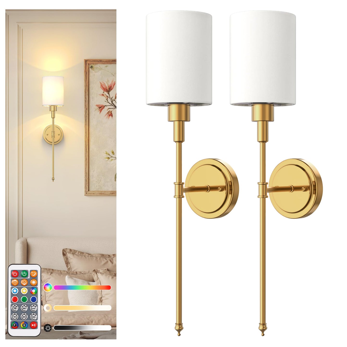 DORESshop Wall Sconce Set of 2, Wireless Battery Operated, Metal, 24.3in, Gold