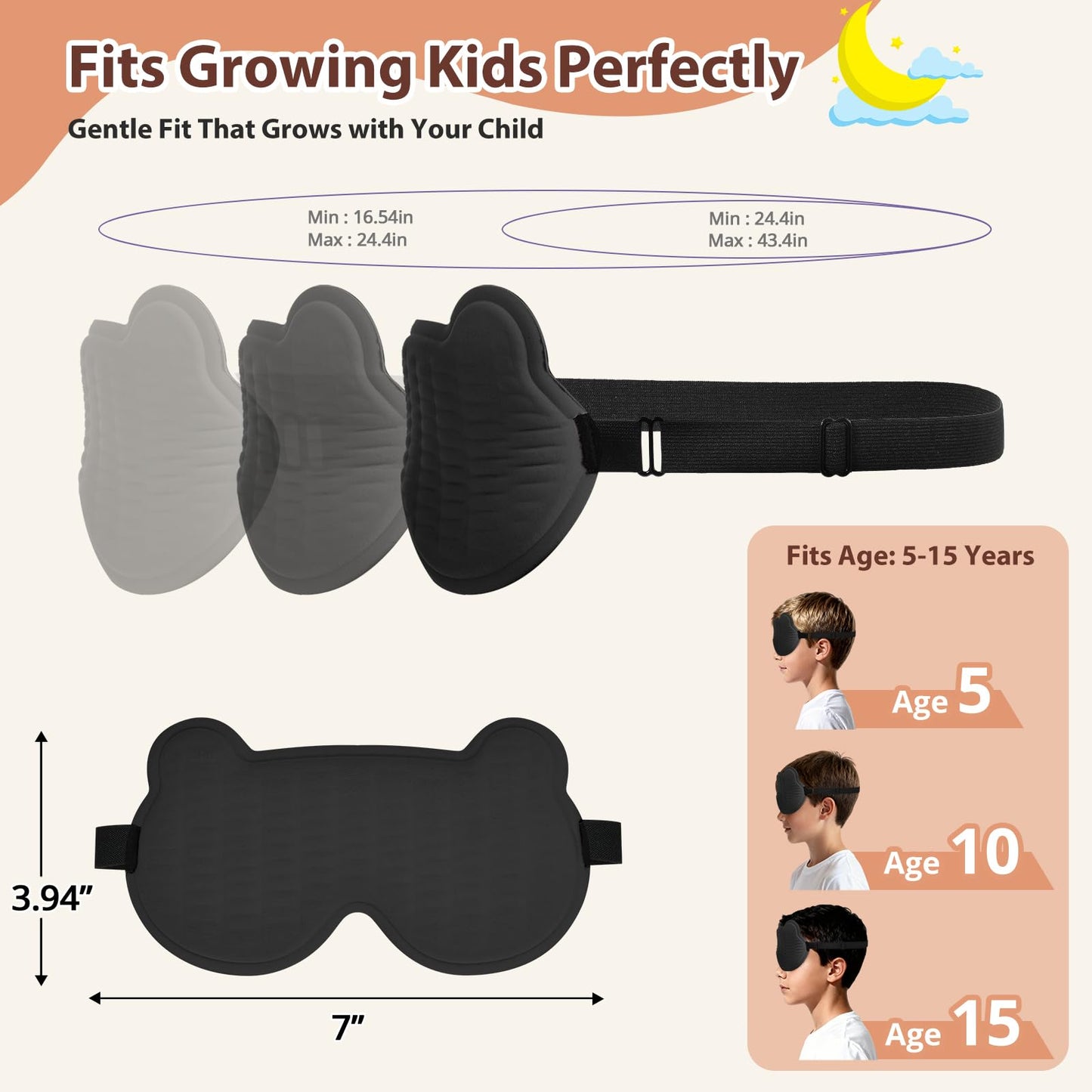 Kids Sleep Mask, 3D Sleeping Eye Mask for Kids with Adjustable Elastic Strap, Bear Shape Eye Cover with Memory Foam, Soft & Light-Blocking, Gift for Boys Girls Teens Age 5–15 (Black)