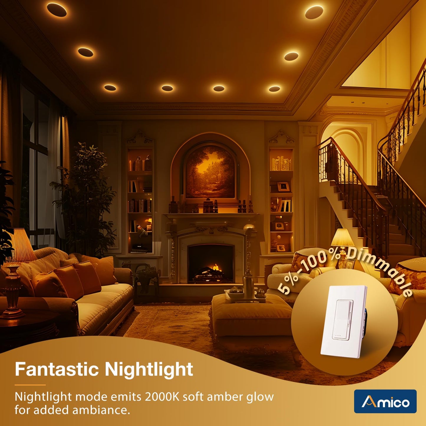 Amico 4 Pack 4 Inch 5Cct Led Recessed Ceiling Light With Night Light  2700K/3000K/3500K/4000K/5000K Selectable Ultra-Thin Recessed Lighting  10W=90W  700Lm  Dimmable Canless Wafer Downlight Etl&Fcc