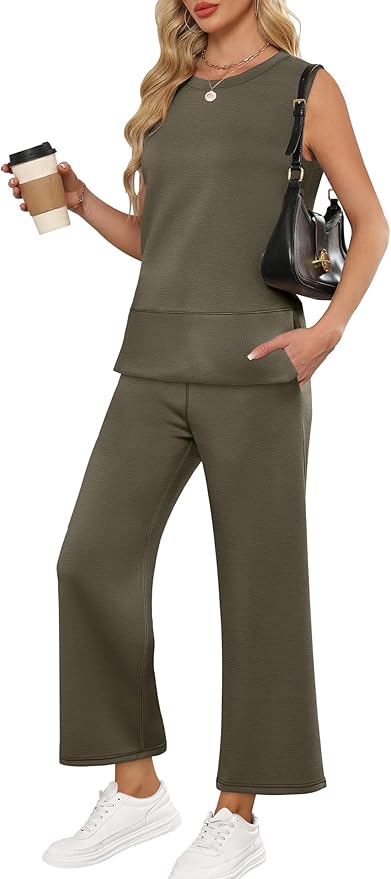 ANRABESS Womens 2 Piece Outfits Summer Beach Vacation Clothes Spring Travel Airport Casual Wide Leg Pants Lounge Sets
