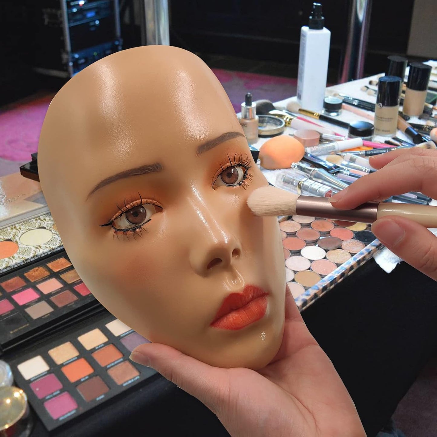 3D Makeup Practice Face,Reusable Makeup Mannequin Face with Makeup Brushes Set,Silicone Full Face Practice Eyelash Eye Shadow,for Emerging Makeup Artist,for Girl's Gift