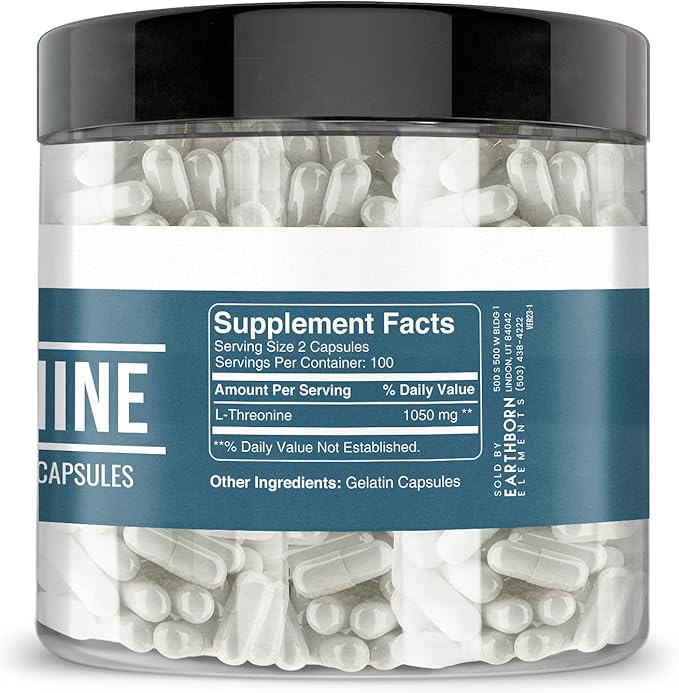 Earthborn Elements L-Threonine 200 Capsules, Essential Amino Acid, Pure & Undiluted, No Additives