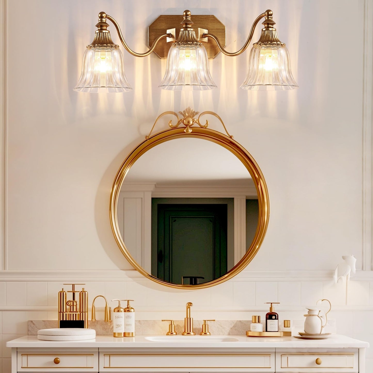 Dvmteom Gold Vintage Bathroom Light Fixtures  3-Lights Bathroom Vanity Light  Antique Brushed Gold Lighting Fixtures Over Mirror With Crystal Glass Shade  Wall Sconce Lighting