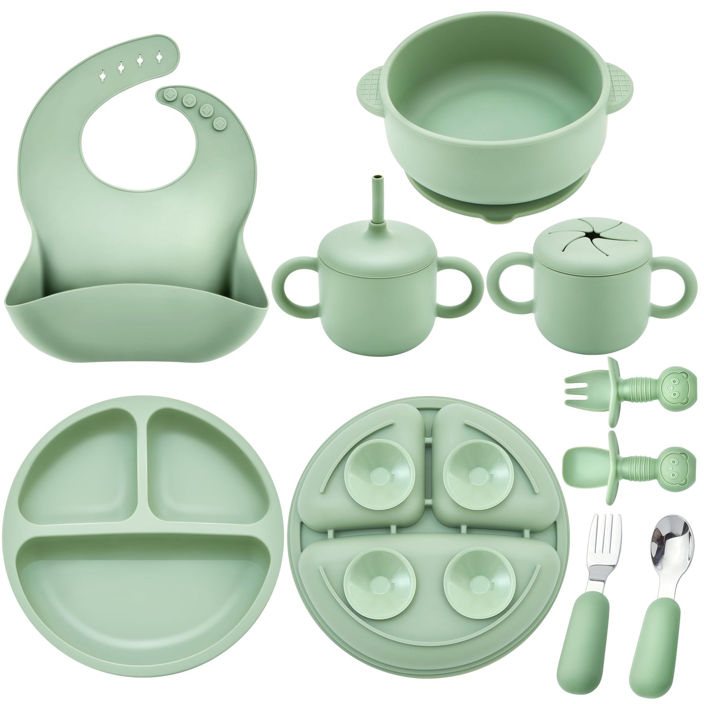 Bufims Silicone Baby Feeding Set, Baby Led Weaning Supplies, Eating Essentials Utensils with Suction Plate and Bowl, Pocket Bib, Sippy Cup with Lid, Forks Spoons Snack Container, for 6+ Months, Green