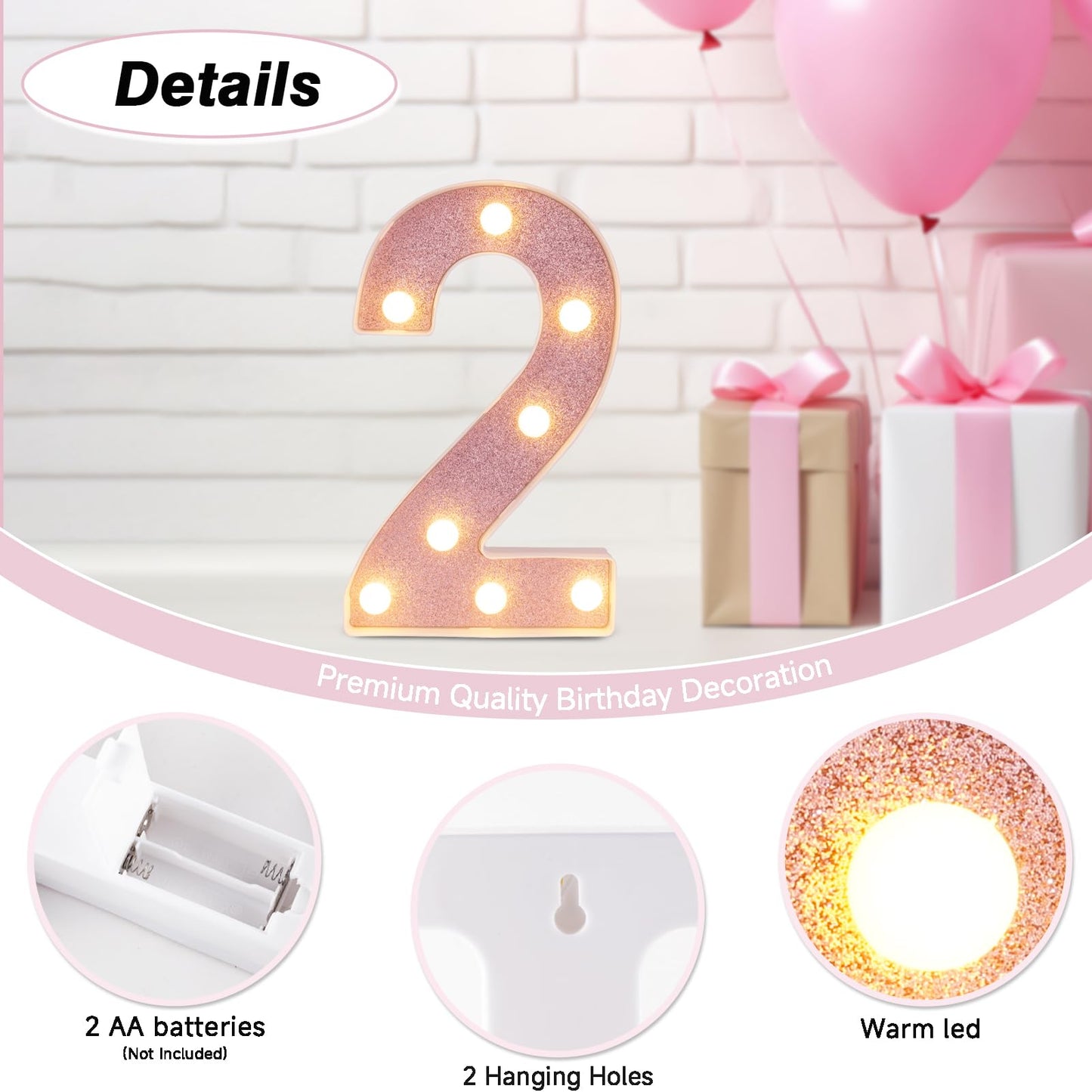 DyingSwan LED Marquee Number 2, 8.58 Inch Pink Glitter Light Up Decor, Battery Powered Plastic Night Light