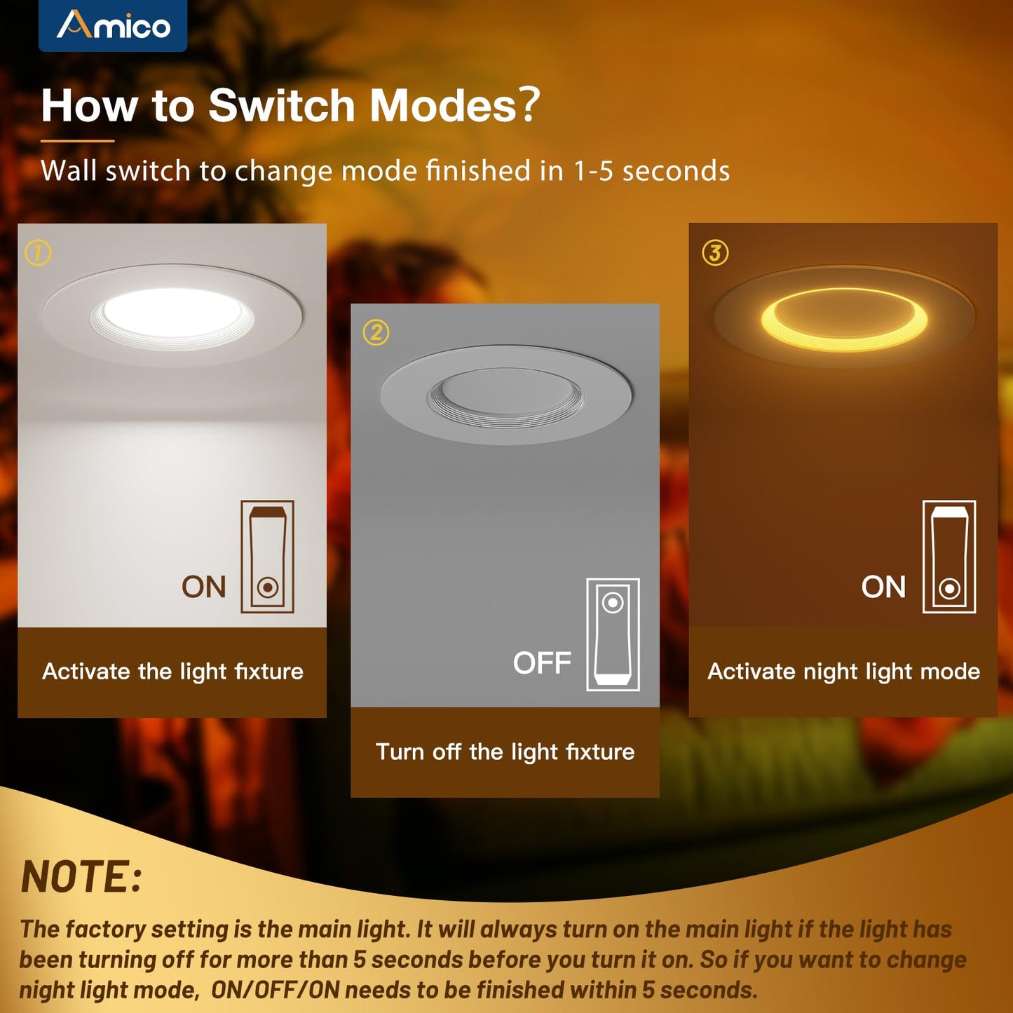 Amico 12 Pack 4 inch 5CCT LED Recessed Lighting with Night Light, 8W=60W, 700LM Can Lights with Baffle Trim, Dimmable, Retrofit Downlight, 2700K/3000K/3500K/4000K/5000K Selectable - ETL & FCC