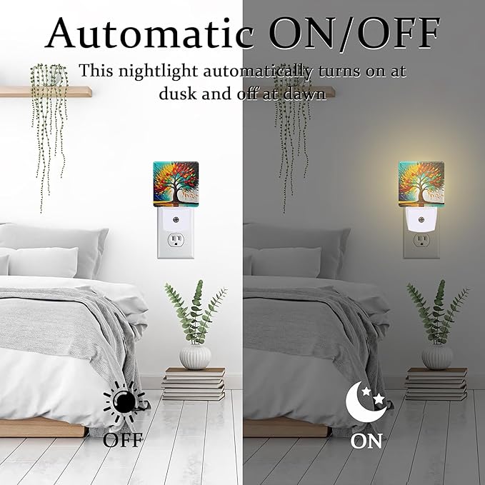 Colorful Life Tree Night Light Plug into Wall, Abstract Modern Artwork Oil Painting Dusk to Dawn Night Light Plug in,0.5w Energy Saving Sleep Friendly NightLight for Kids Boys Girls Home Decor