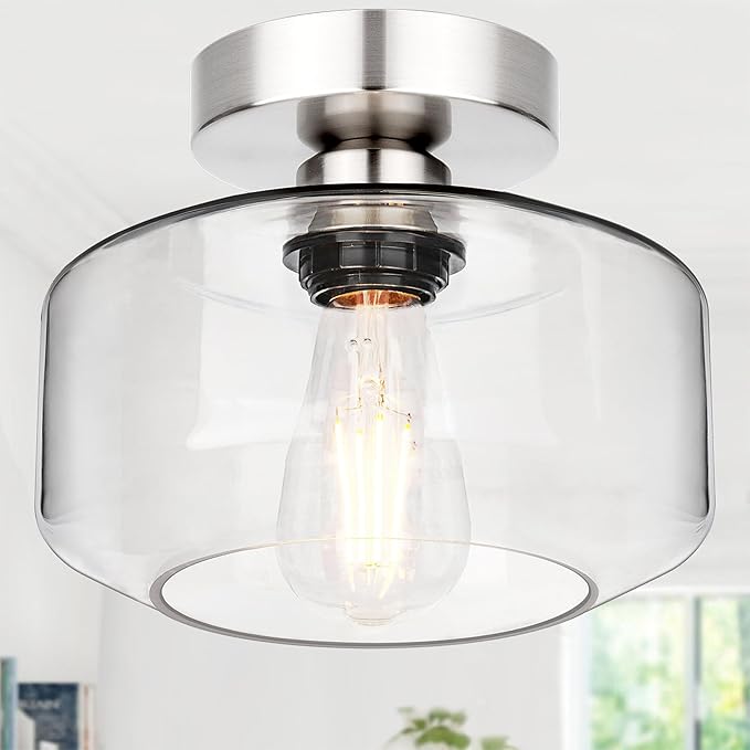 Industrial Semi Flush Mount Ceiling Light Brushed Nickel, 900 Lumen LED Bulb Included, Clear Glass Shade Ceiling Light Fixture, Farmhouse Light Fixture for Hallway Corridor Kitchen Bathroom Bedroom