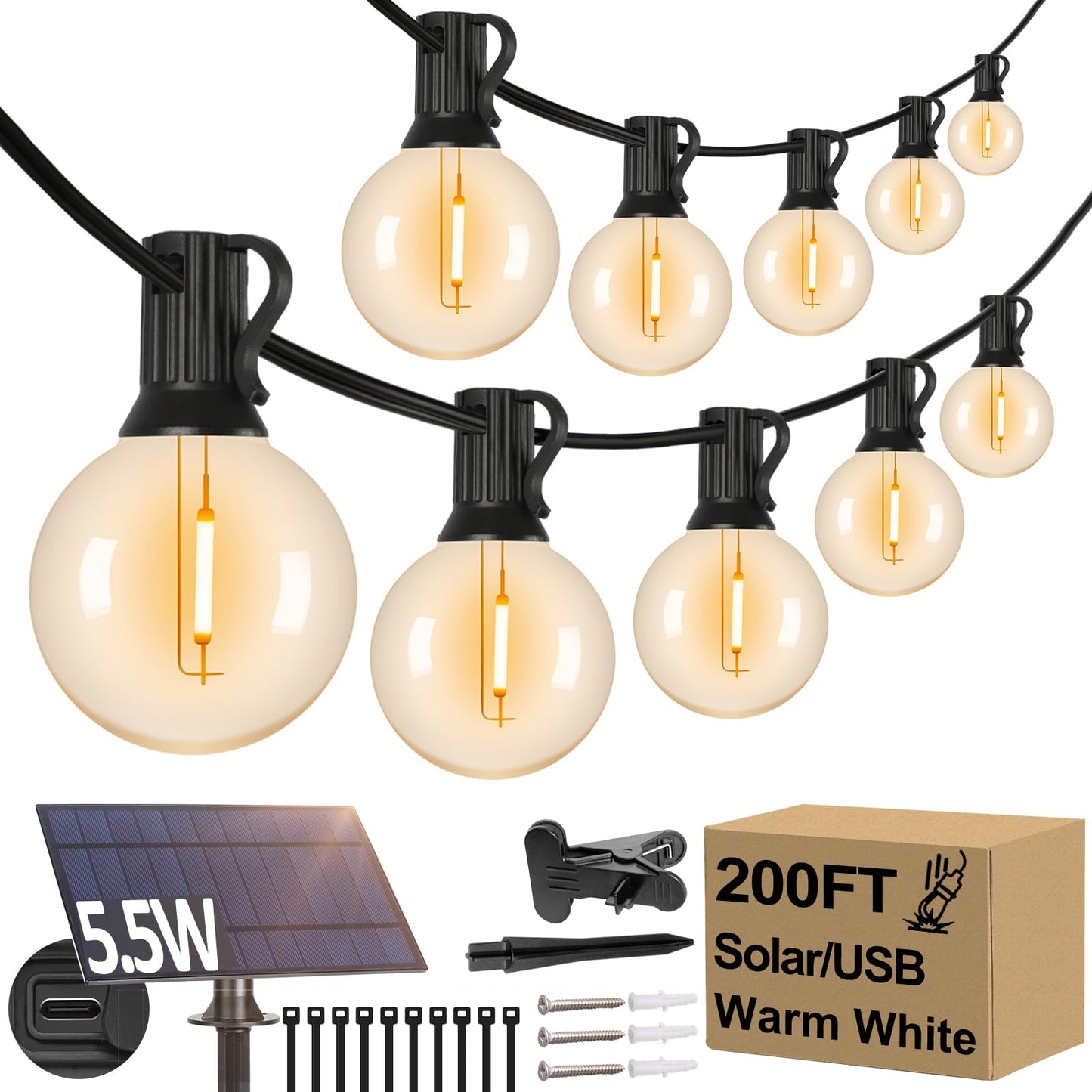Lakumu G40 Solar String Lights, 200FT (2x100FT), 104 E12 LED Bulbs, Warm White, Shatterproof, Model GLS20C3CCTW-G
