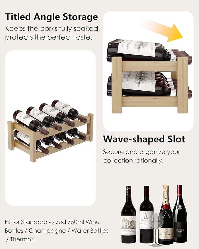 Countertop Wine Rack for Inside Cabinet, Solid Wood 2-Tier Wine Racks for 8 Bottles, Pinewood Liquor Storage Shelf, Water Bottle Organizer for Pantry, Kitchen, Bar, Dining Room (Natural Oak)