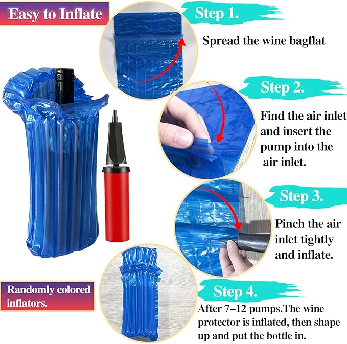 Wine Bottle Travel Protector Bags Blue Inflatable Wine Bottle Travel Sleeve 40 Packs Reusable Wine Shipping Sleeves with Inflator Pump