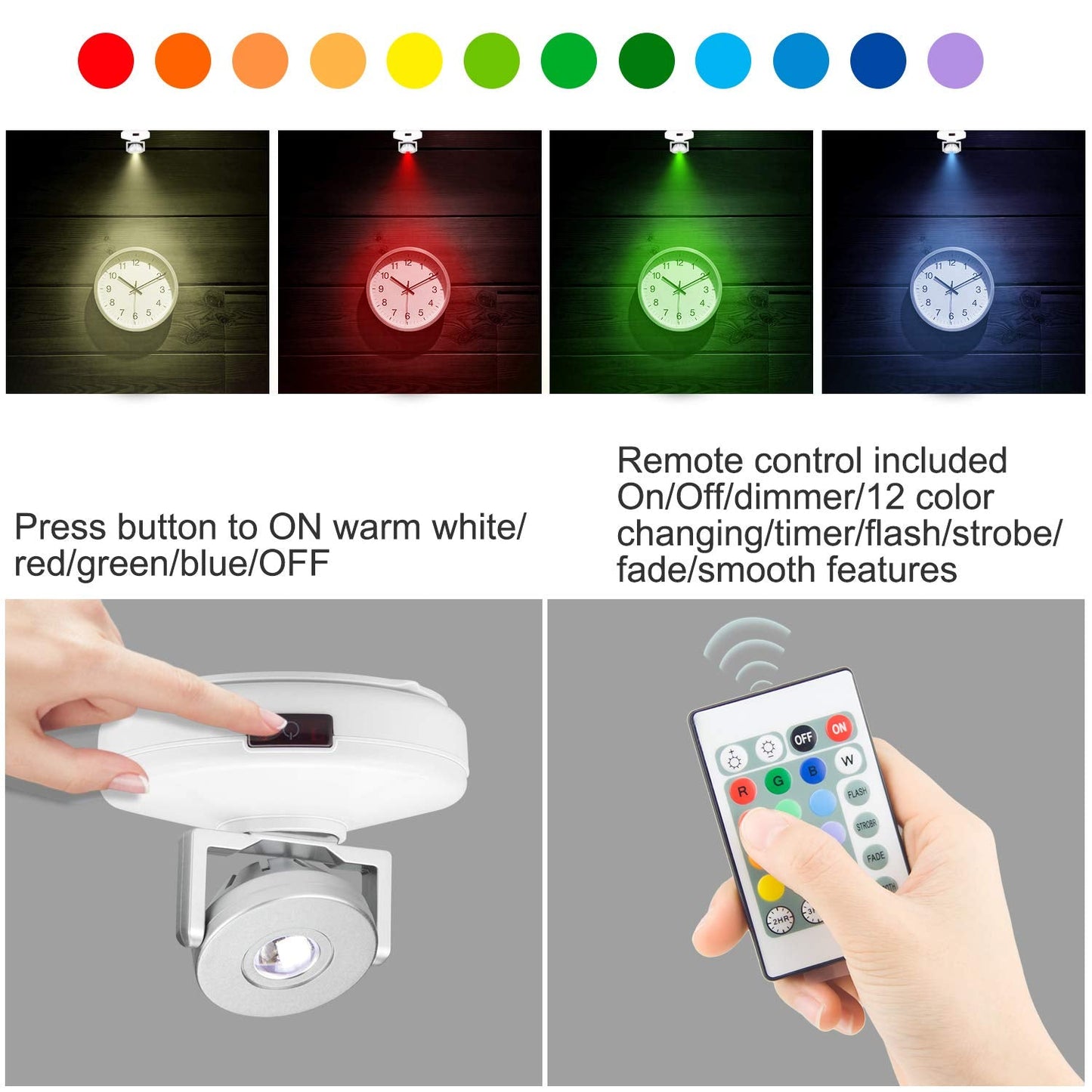 Luxsway Led Spotlights - Dimmable Accent Light With Rotatable Head, 12 Color Changing, Battery Operated, White & Silver Head