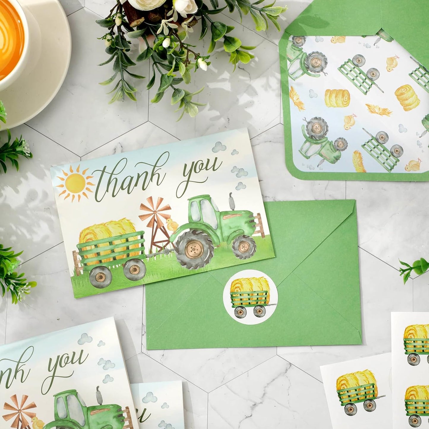Whaline 24 Pack Green Tractor Thank You Cards Bulk Grain Chicken Tractor Note Card with Envelopes Stickers Green Yellow Greeting Blank Card for Farmhouse Birthday Baby Shower