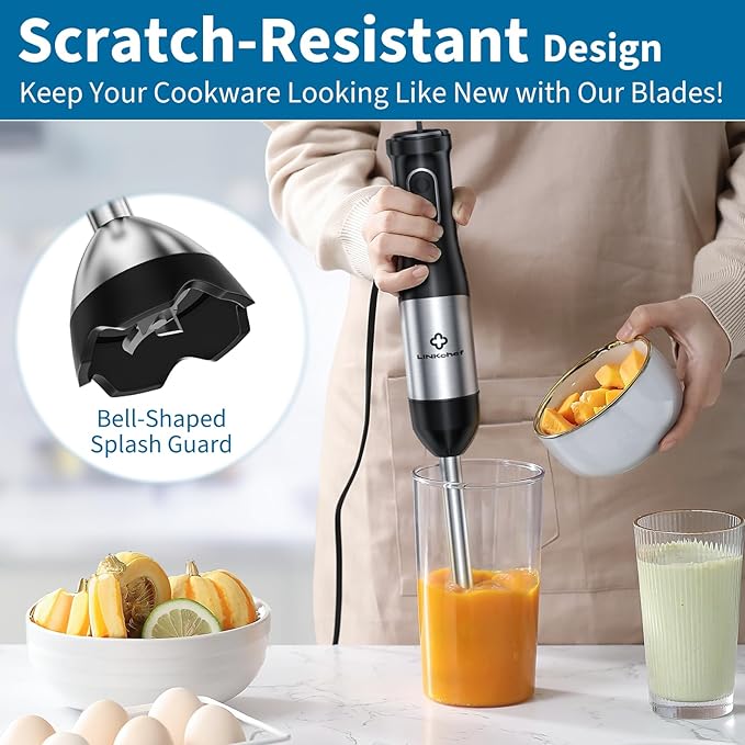 LINKChef 4 in 1 Immersion Blender Handheld, 800W with Titanium Steel Blades, 20 Speeds, Turbo Mode, Scratch-Resistant Stick Hand Blender with Whisk & Food Processor