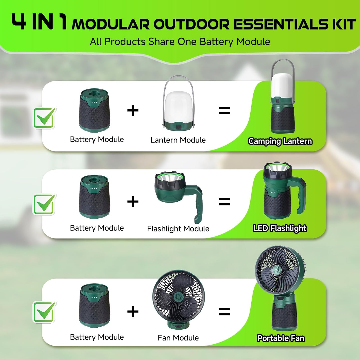 BOBKID 4 in 1 Modular Camping Lantern, LED Flashlight & Fan, 4400mAh Power Bank, IPX4 Waterproof, Green, Model WTC1003