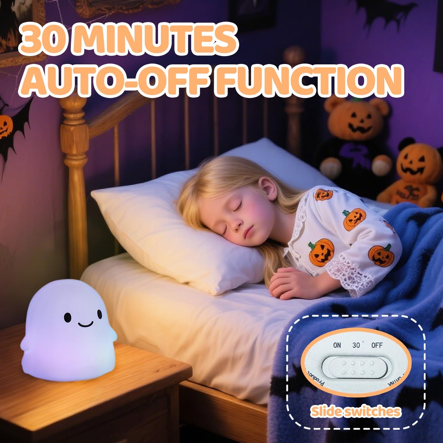 Rytinazzz Halloween Ghost Night Light, Dimmable Silicone Lamp, Rechargeable, Colorful Ghost, Model LH-YL-Ghost-04