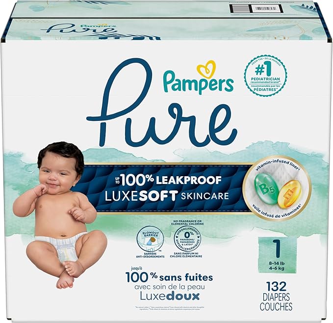 Pampers Pure Protection Baby Diapers, Size 1 (8-14 lbs), 132 Count, Up to 100% Leakproof, Premium Plant-based Skin Protection, Hypoallergenic Soft Diapers
