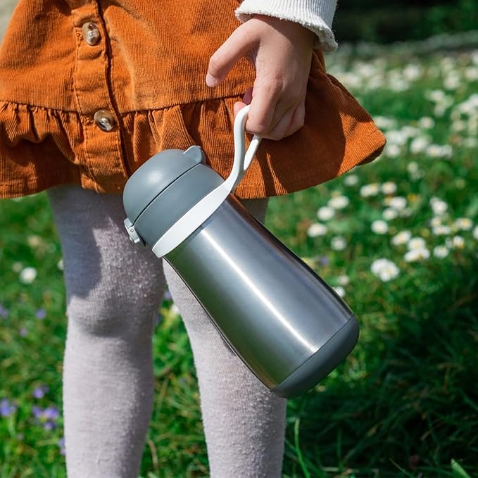 BEABA Kids Stainless Steel Insulated Water Bottle, Kids Water Bottle, Toddler Thermos with Spill Proof Spout and Close Top, Perfect for Travel, (Charcoal)
