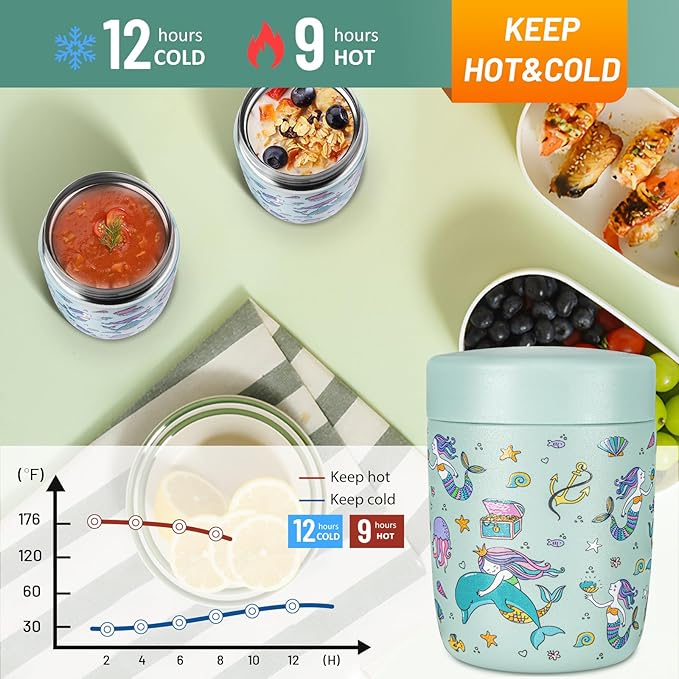 Charcy 9oz Stainless Steel Vacuum Insulated Kids Food Jar - Soup Thermo for Hot & Cold Food - Blue Mermaid