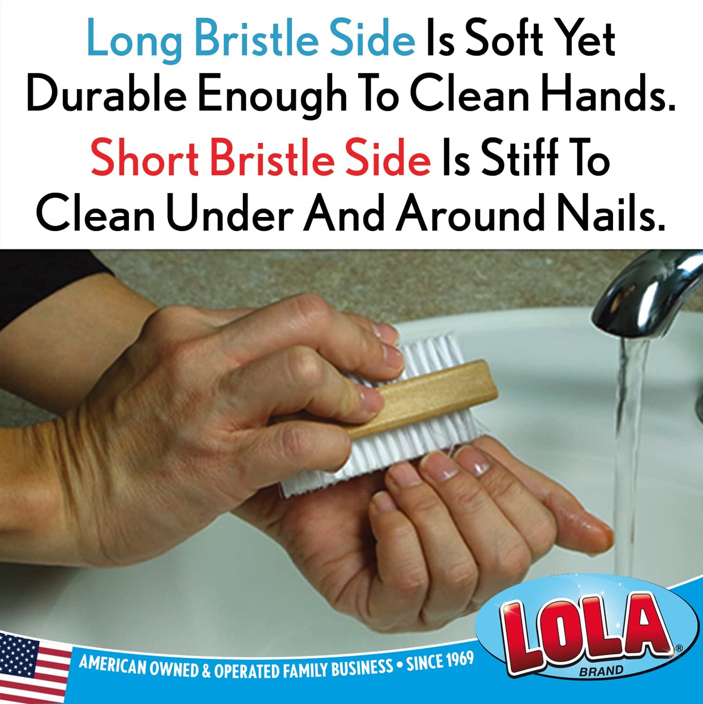 LOLA Classic Hand & Nail Wood Brush, 3 Pack, Heavy Duty 2 Sided Soft & Stiff Bristles, Cleans Hands, Fingernails, Feet & Toenail